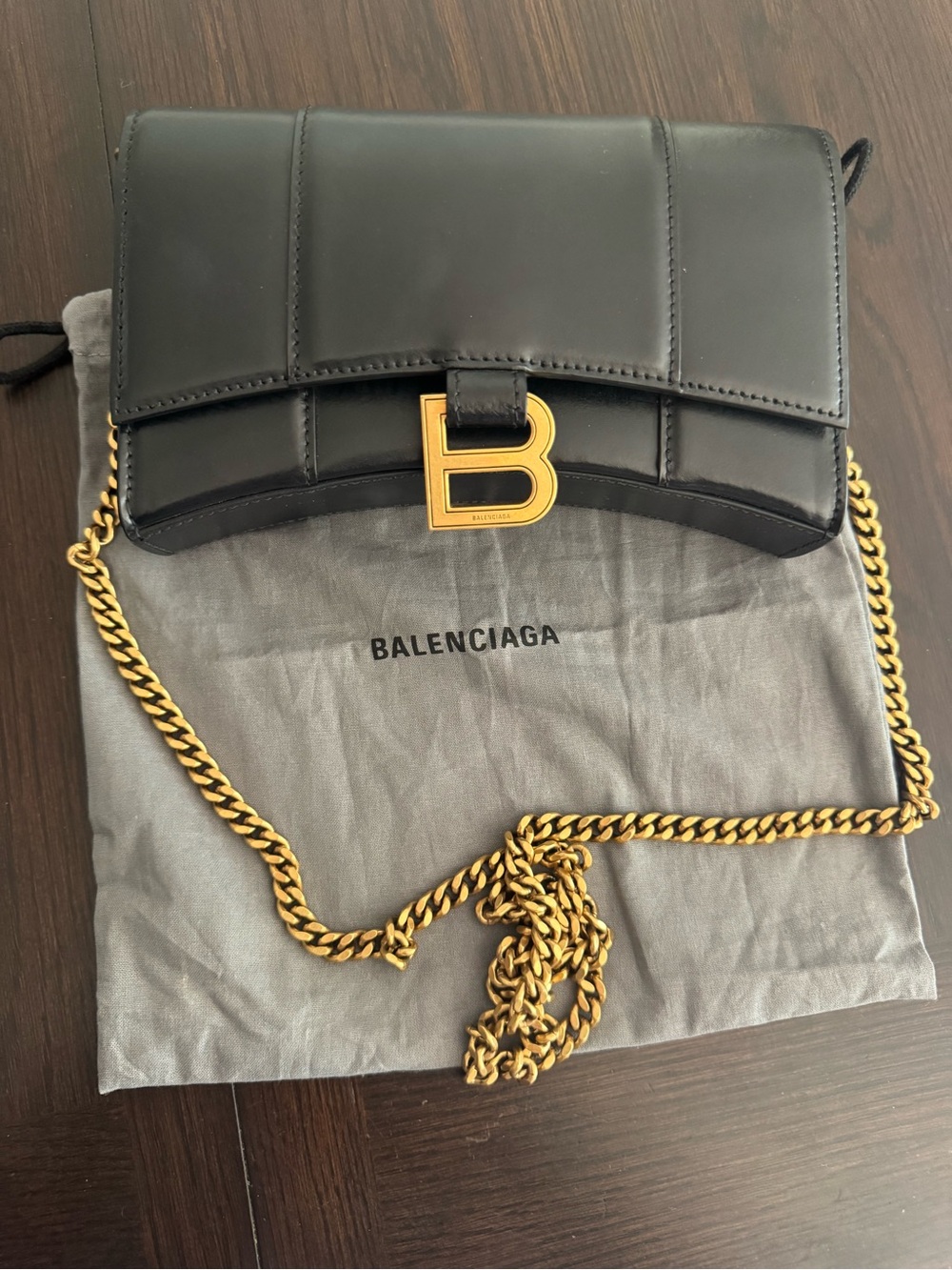 Balenciaga Hourglass Crossbody Black Leather with Removable Gold Chain